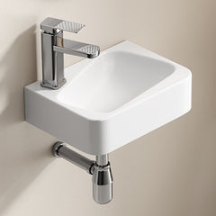 Floating Bathroom Sink Wall Mounted - Rectangle Vessel Sink 14" x 10" Small Modern Bathroom Wall Hung Sink White Porcelain Ceramic Vessel Vanity Sink with Faucet &Drain