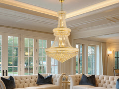 32-Inch Gold Crystal Chandelier, 27-Light French Empire Ceiling Light with LED Bulbs, Adjustable 59-Inch Chain, 3000K Warm Light, Ideal for Living Room, Dining Room, and Foyer