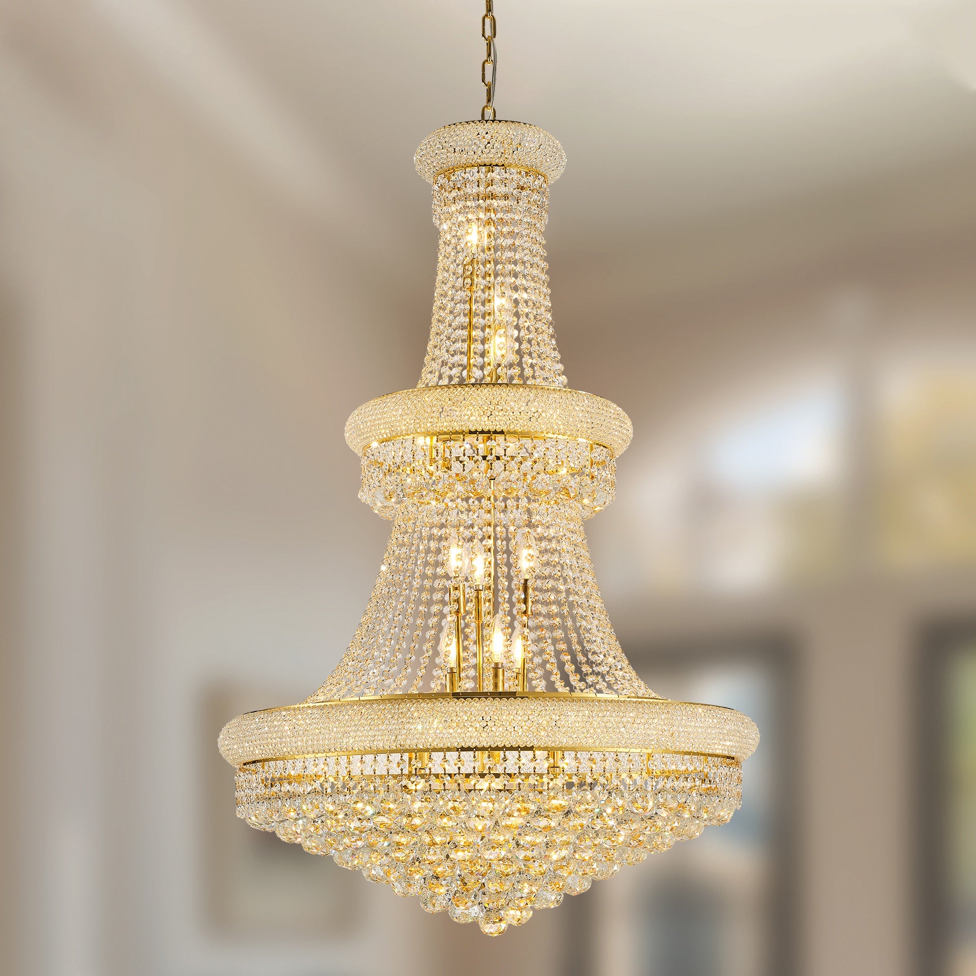 32-Inch Gold Crystal Chandelier, 27-Light French Empire Ceiling Light with LED Bulbs, Adjustable 59-Inch Chain, 3000K Warm Light, Ideal for Living Room, Dining Room, and Foyer