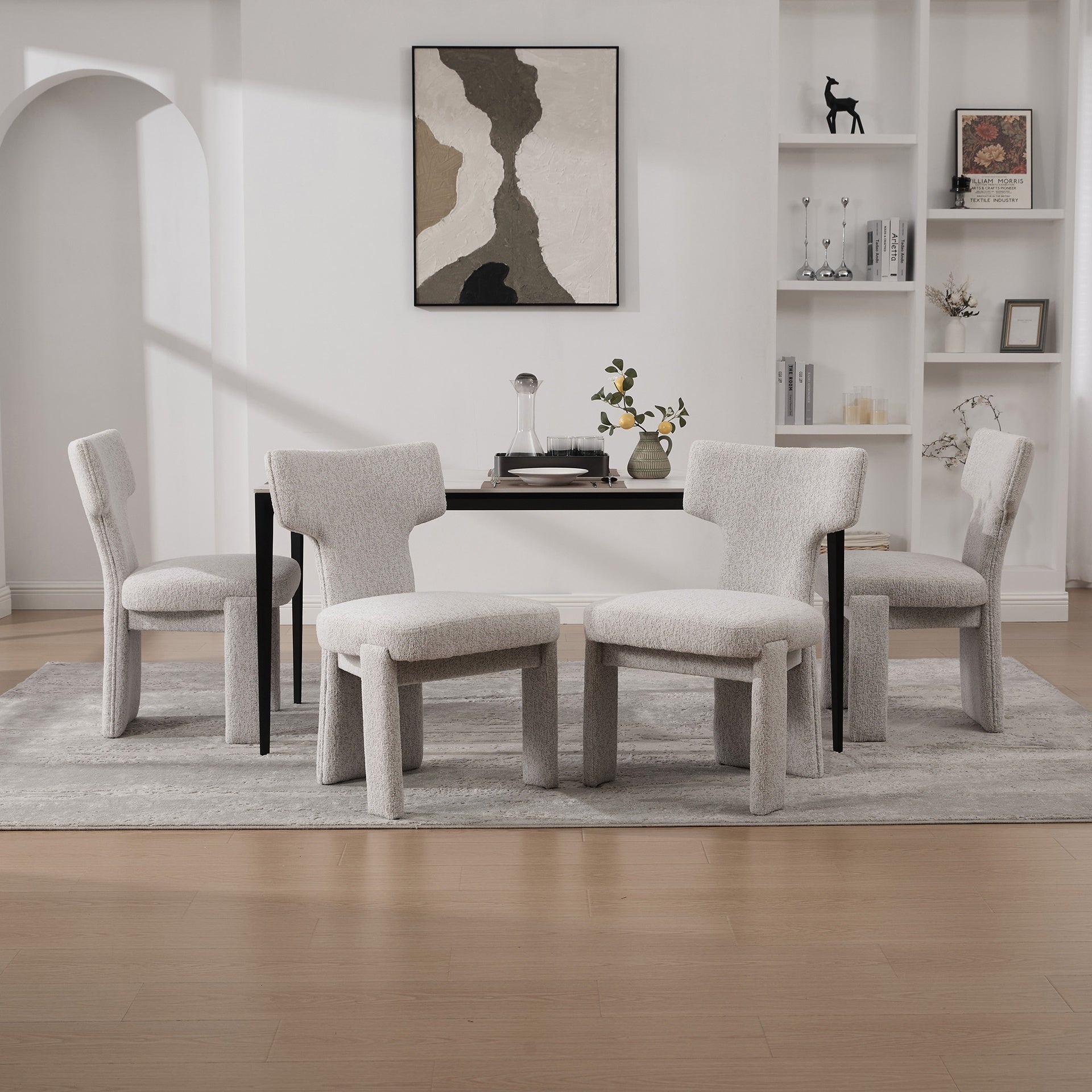 22.05" Wide Modern Upholstered Chenille Dining Chair Set of 4 with Rubberwood Legs, Armless Curved Back Accent Chairs for Living Room Bedroom Restaurant Cafes Dining Room Reception, Beige
