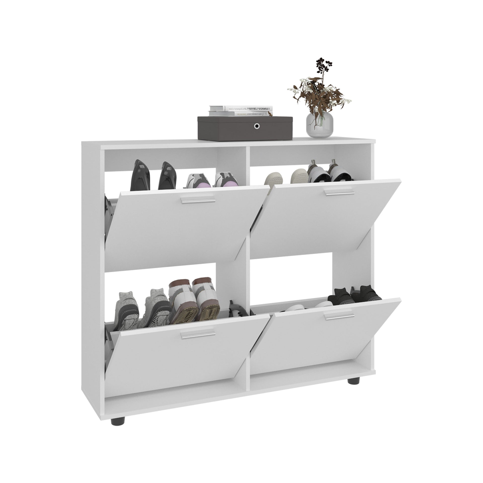 Opal 4-Door Shoe Rack Cabinet With Multiple Shelves, Modern Footwear Storage, White