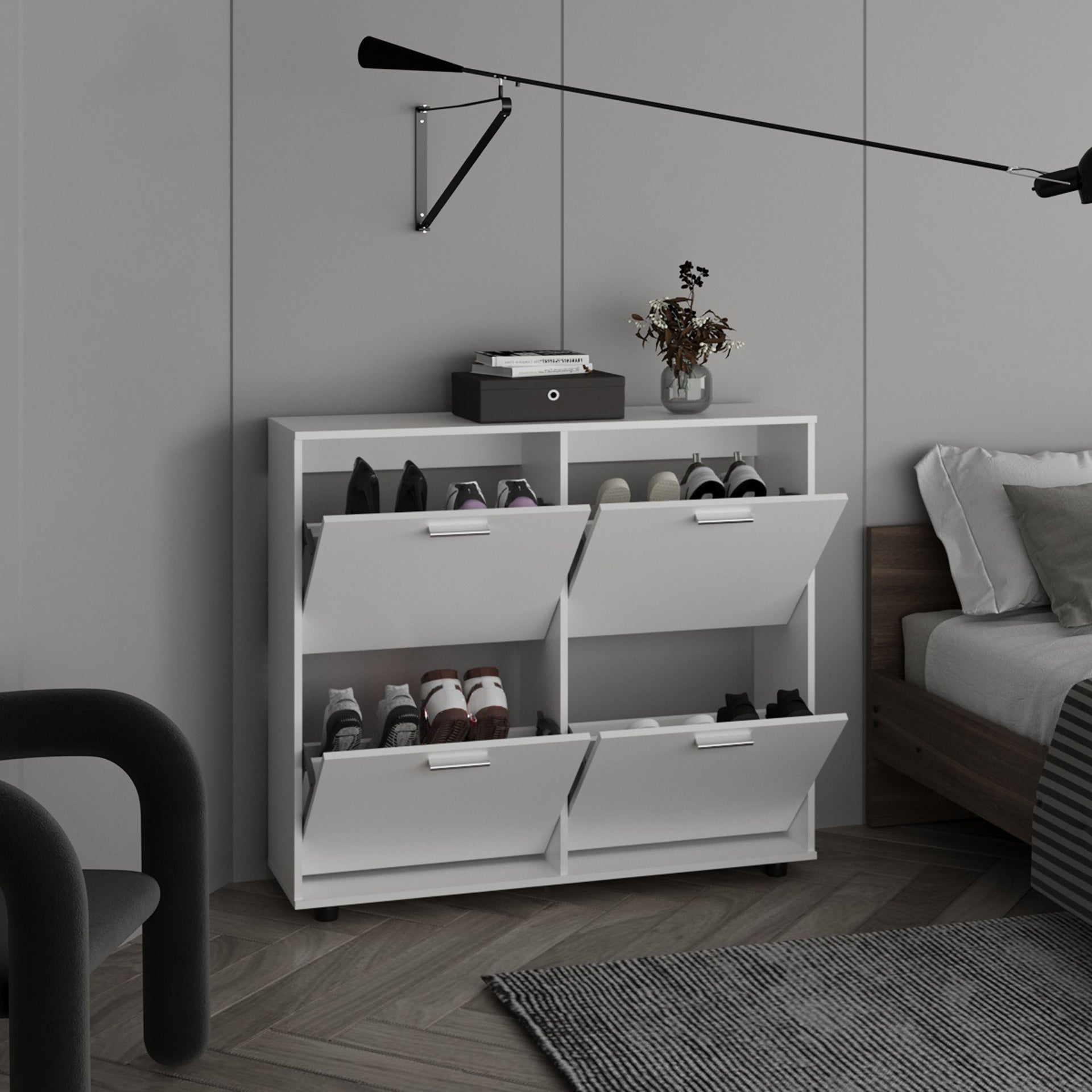 Opal 4-Door Shoe Rack Cabinet With Multiple Shelves, Modern Footwear Storage, White