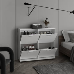 Opal 4-Door Shoe Rack Cabinet With Multiple Shelves, Modern Footwear Storage, White