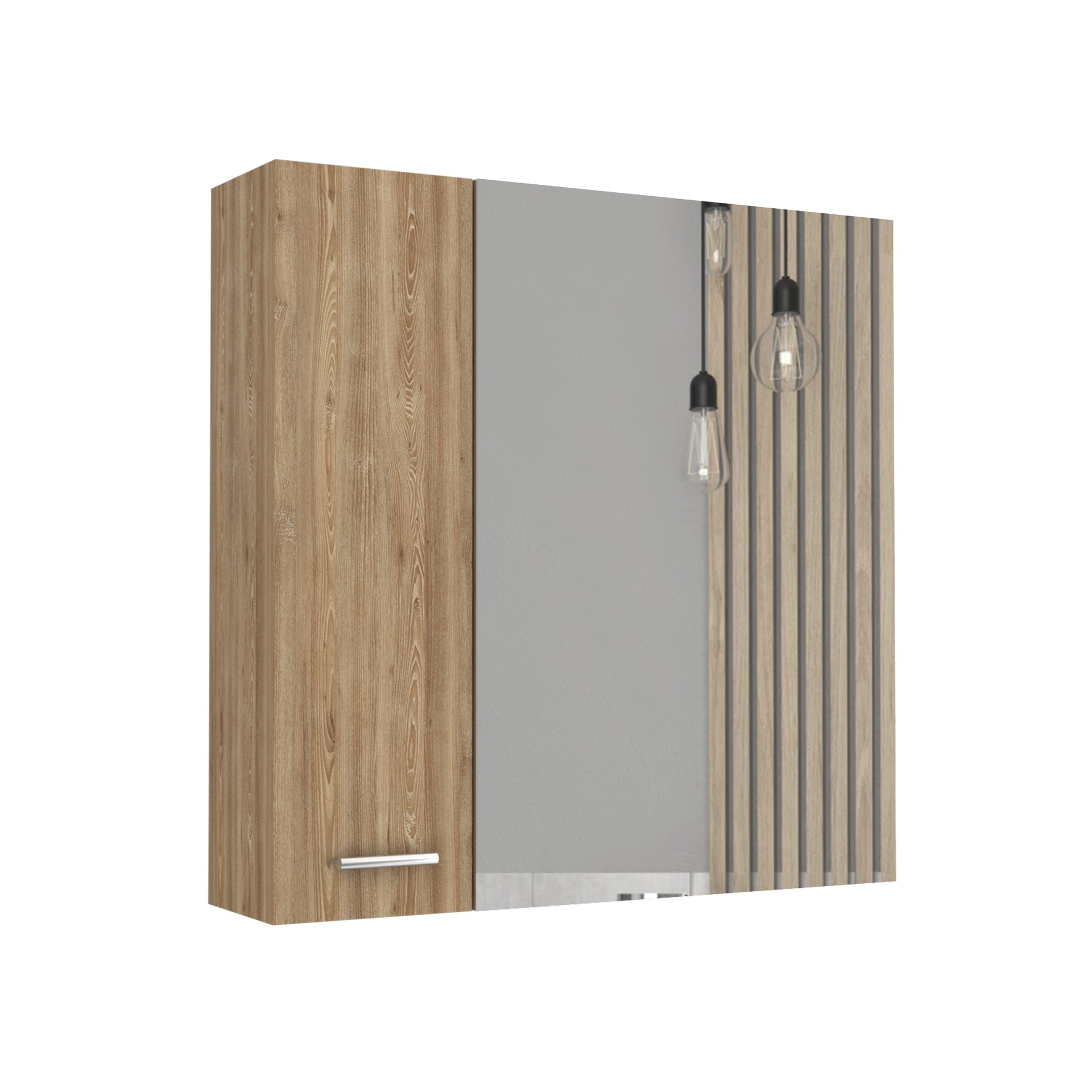 Sines Mirror Medicine Cabinet, With Four Internal Shelves, Double Door, Minimalist Bathroom Storage, Pine