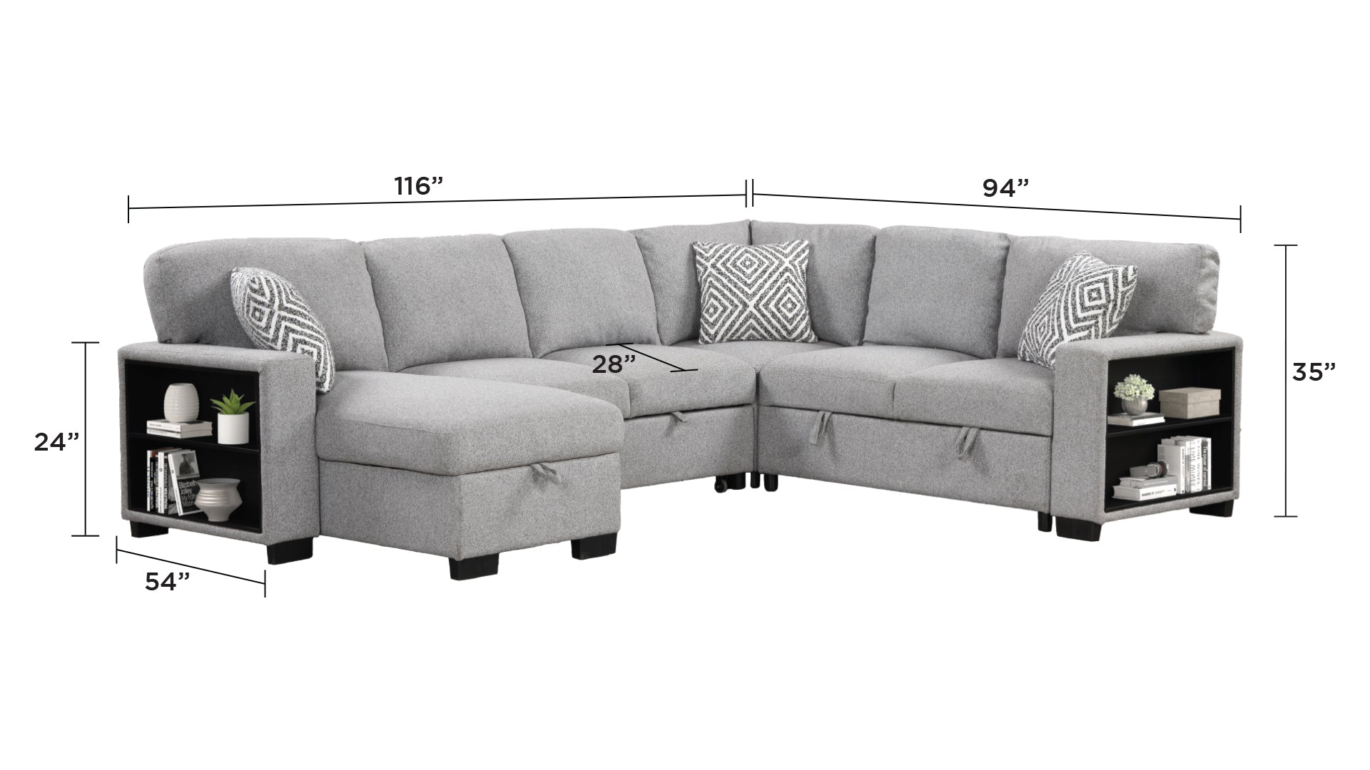 Cairo Modern Style Sectional with pullout sleeper, storage 2 Bookcase and USB made with wood and metal in Gray(B009 -NJ Inventory)