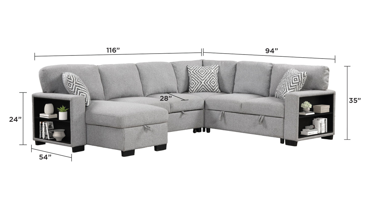 Cairo Modern Style Sectional with pullout sleeper, storage 2 Bookcase and USB made with wood and metal in Gray(B009 -NJ Inventory)