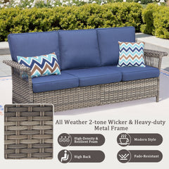 76.7" Wide Outdoor Wicker Patio Sofa, Wide Armrest Outdoor Couch with Blue Cushions for Porch Garden