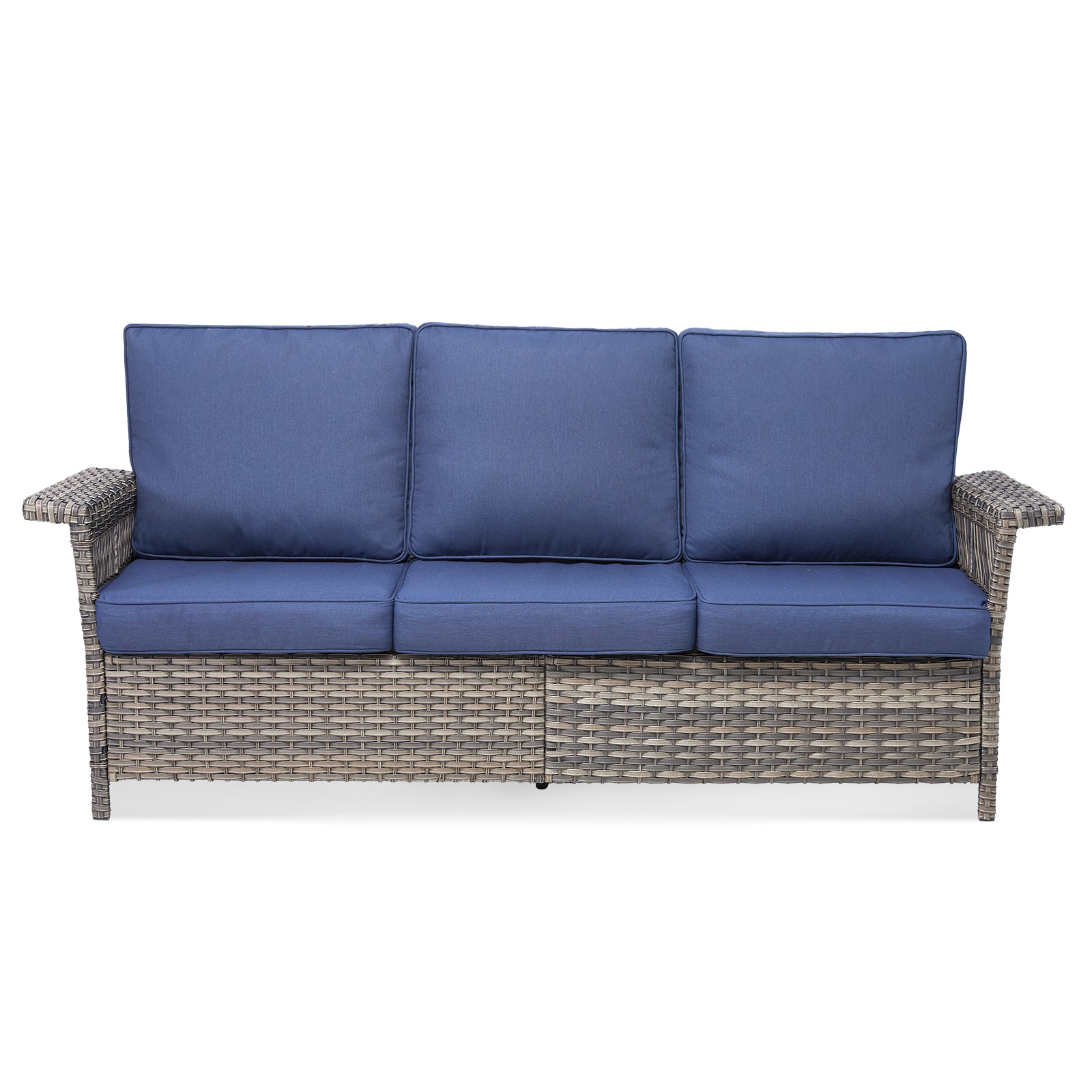 76.7" Wide Outdoor Wicker Patio Sofa, Wide Armrest Outdoor Couch with Blue Cushions for Porch Garden