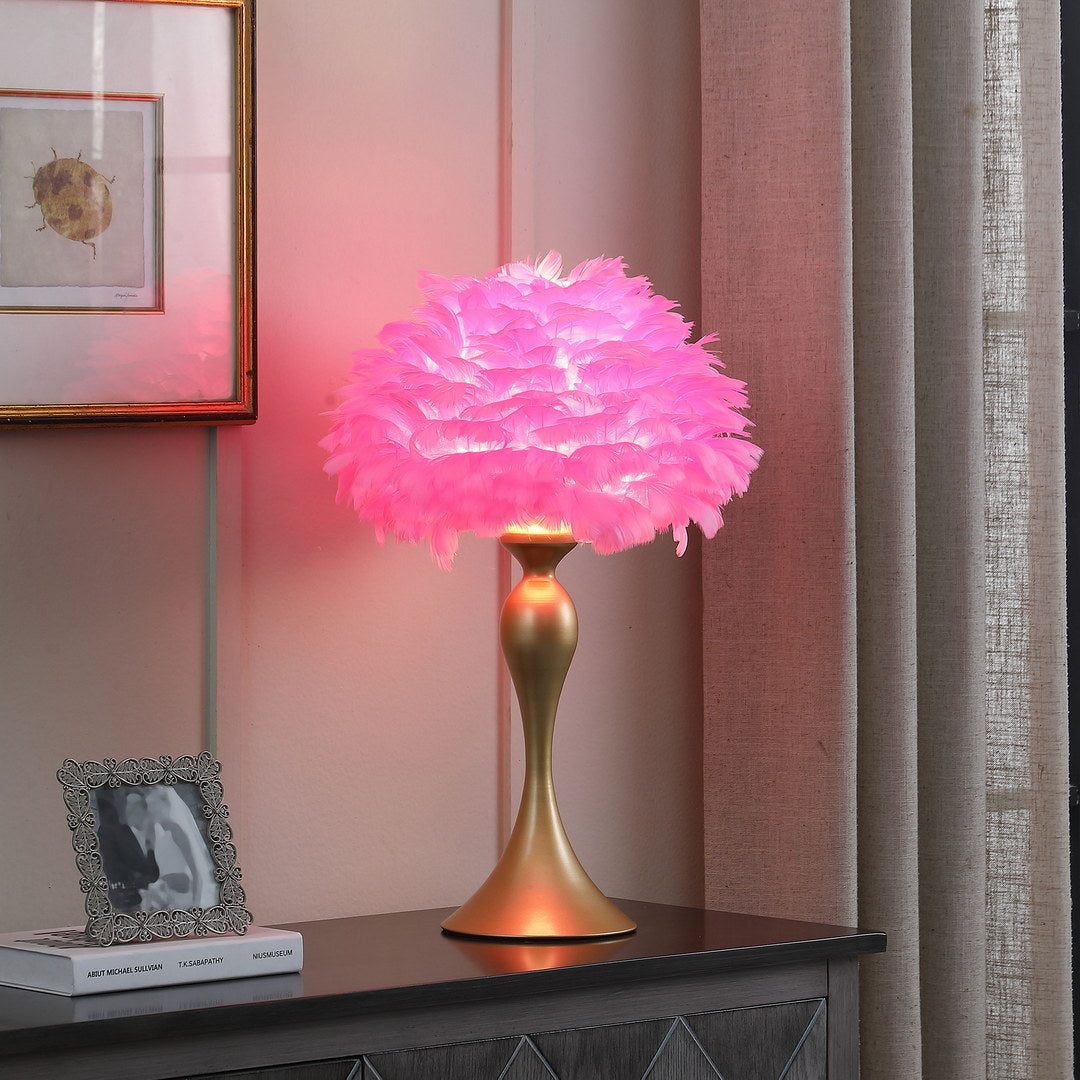 18.25"In Hot Pink Feather Aquina Satin Gold Metal Contour Glam Table Lamp