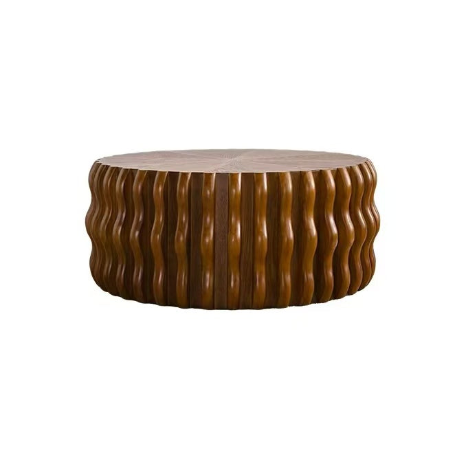 31.50" Ribbed Wave Round Coffee Table - Solid Wood & MDF Mid-Century Center Table, Brown Modern Drum Fluted Coffee Table for Living Room/Apartment (Fully Assembled)