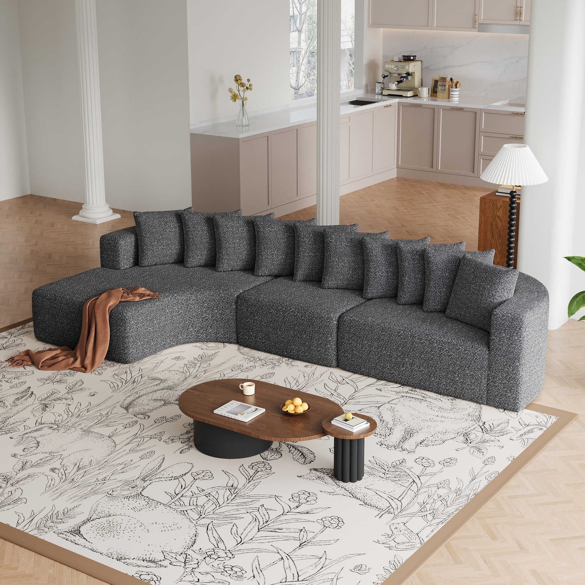 131.1-inch Chenille Sectional Sofa Set, Modern Cloud-Shaped Curved Sofa, Includes 10 Pillows, Living Room Fabric Corner Sofa, L-Shaped Modular Sofa (Left Chaise)