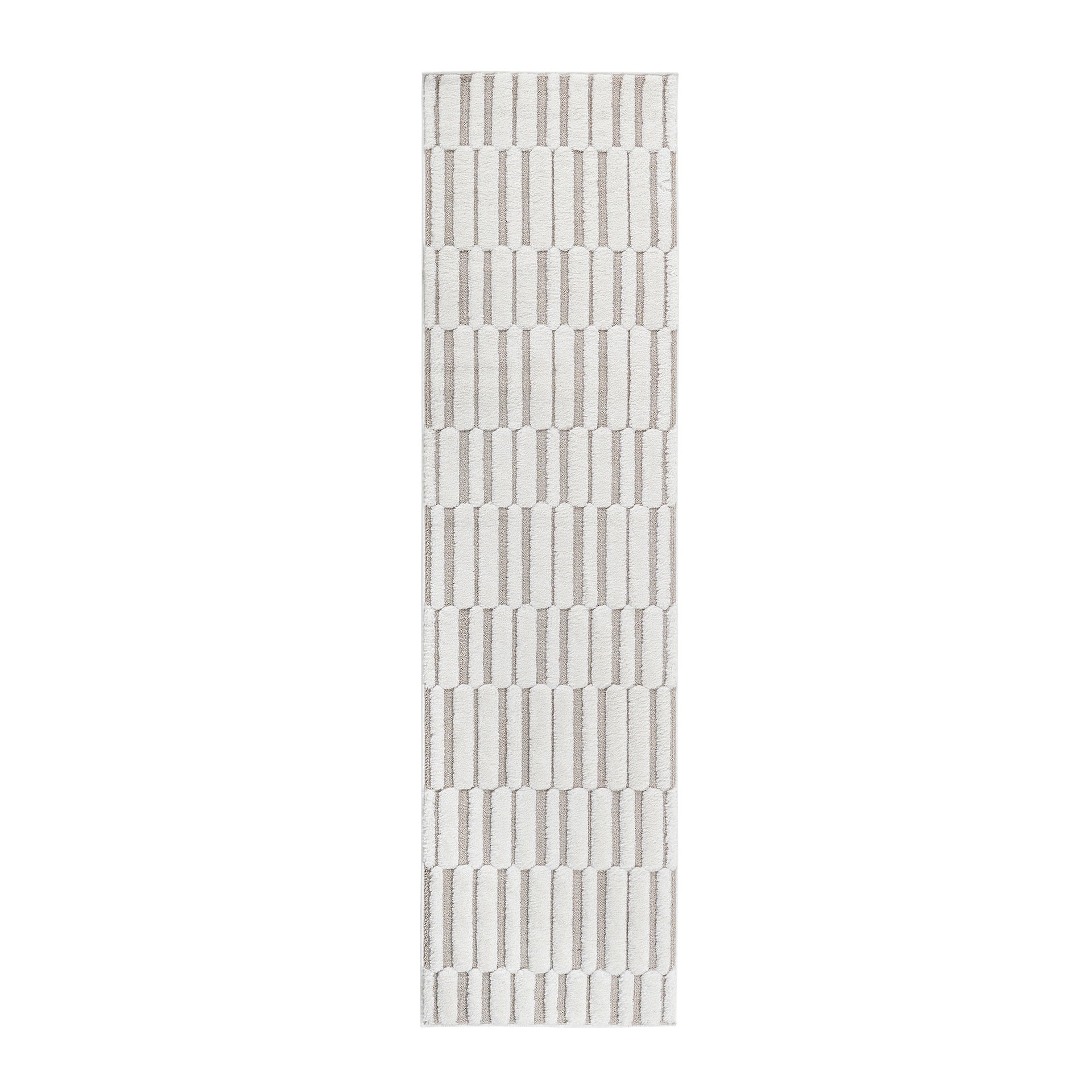 Step Collection High-Low Striped Beige/Cream Indoor Runner Rug, 2'2''x8', Modern, Contemporary, Geometric, Bohemian, Bedroom, Kitchen, Living Room, Hallway, Non Shedding Carpet