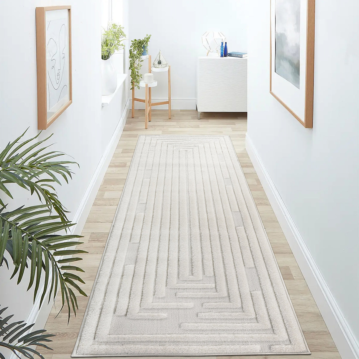 Step Collection High-Low Striped Cream Indoor Runner Rug, 2'2''x8', Modern, Contemporary, Geometric, Bohemian, Bedroom, Kitchen, Living Room, Hallway, Non Shedding Carpet