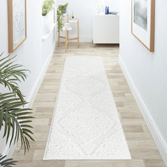 Step Collection High-Low Medallion Cream/Cream Indoor Runner Rug, 2'2''x8', Modern, Contemporary, Geometric, Bohemian, Bedroom, Kitchen, Living Room, Hallway, Non Shedding Carpet