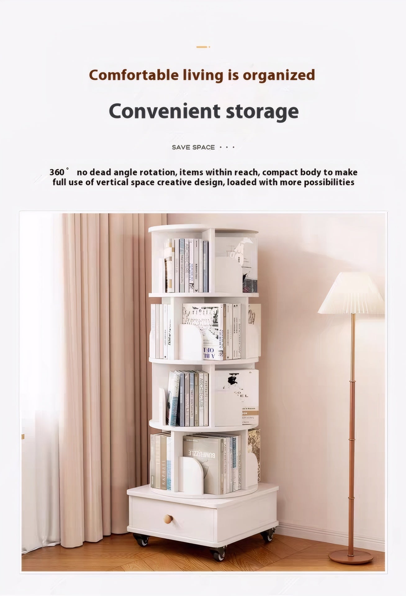 Rotating Bookshelf with Drawer, 360 Display 5 Tier Corner Bookshelf for Small Space, Floor Standing Bookcase Storage Rack, Wood Narrow Organizer for Bedroom, Living Room (WHITE)