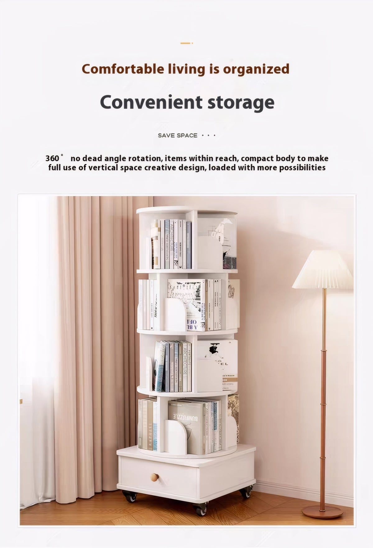 Rotating Bookshelf with Drawer, 360 Display 5 Tier Corner Bookshelf for Small Space, Floor Standing Bookcase Storage Rack, Wood Narrow Organizer for Bedroom, Living Room (WHITE)