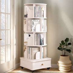 Rotating Bookshelf with Drawer, 360 Display 5 Tier Corner Bookshelf for Small Space, Floor Standing Bookcase Storage Rack, Wood Narrow Organizer for Bedroom, Living Room (WHITE)