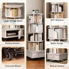 Rotating Bookshelf with Drawer, 360 Display 5 Tier Corner Bookshelf for Small Space, Floor Standing Bookcase Storage Rack, Wood Narrow Organizer for Bedroom, Living Room (WHITE)