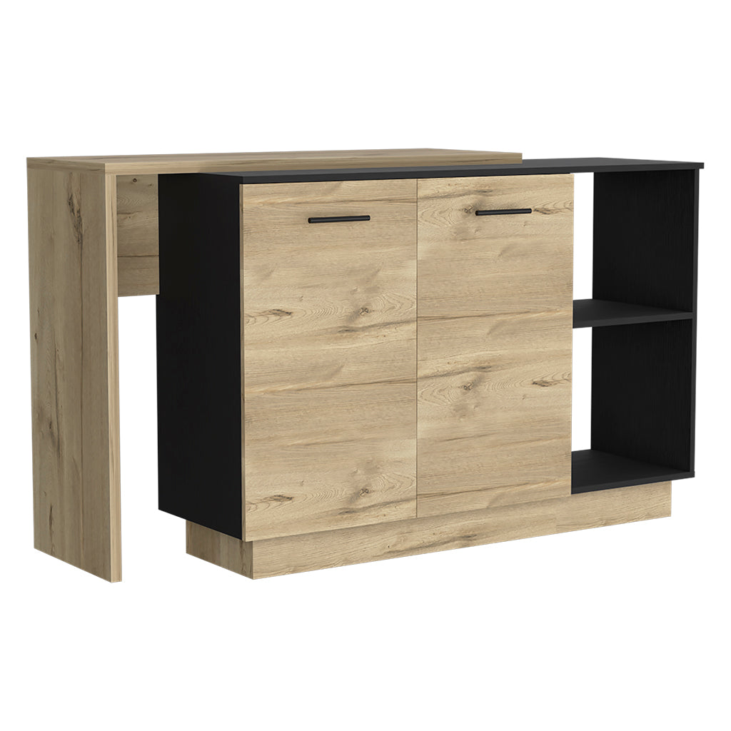 Kitchen Island, Double Door Cabinets, Two External Shelves, Three Shelves, Black / Light Oak