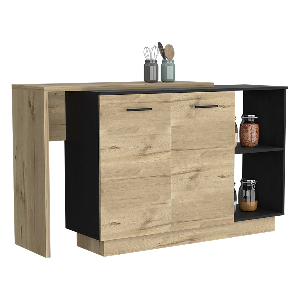 Kitchen Island, Double Door Cabinets, Two External Shelves, Three Shelves, Black / Light Oak