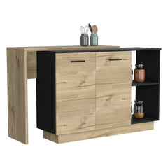 Kitchen Island, Double Door Cabinets, Two External Shelves, Three Shelves, Black / Light Oak