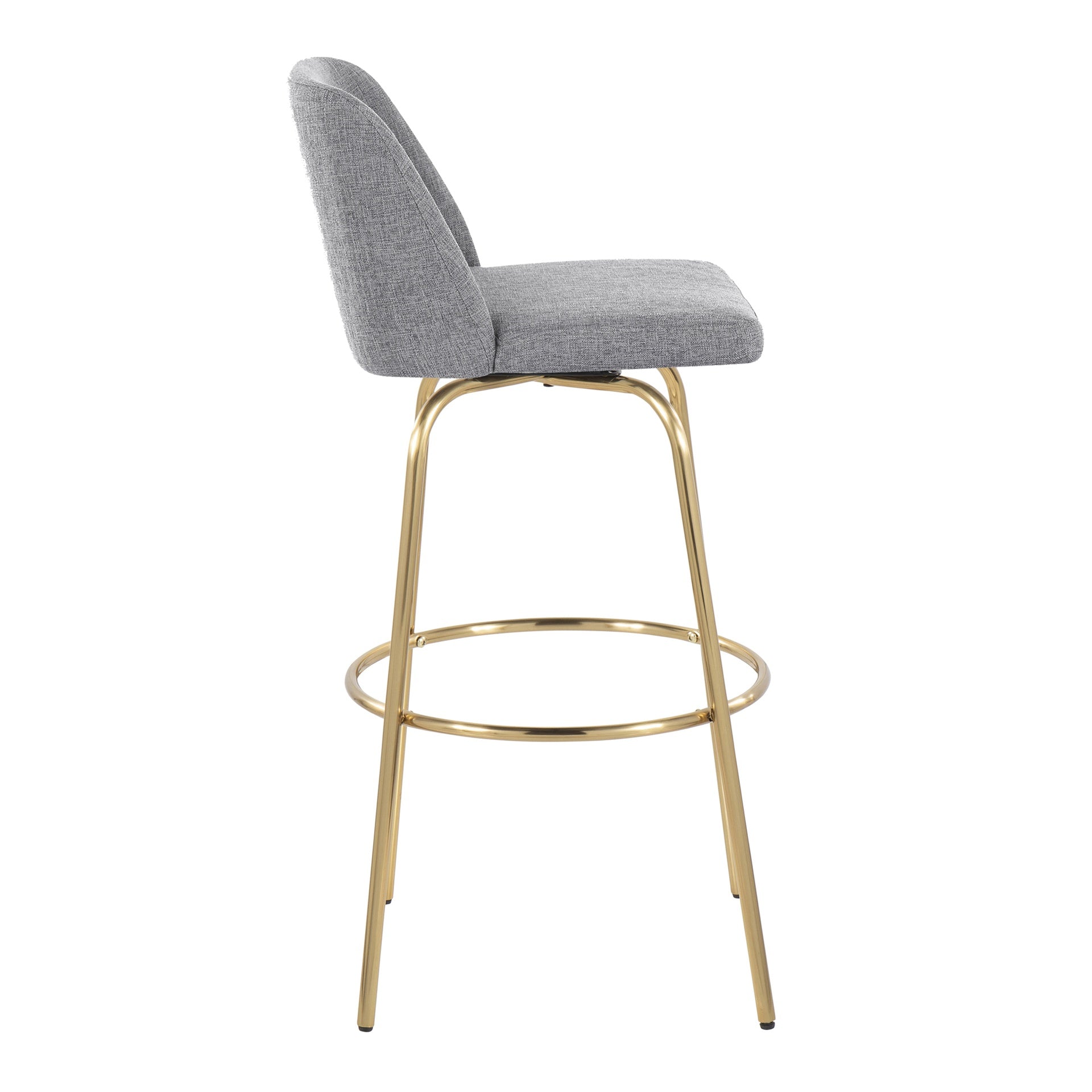 Toriano 30" Contemporary Fixed-Height Barstool with Swivel in Grey Fabric and Gold Metal with Round Footrest by LumiSource - Set of 2