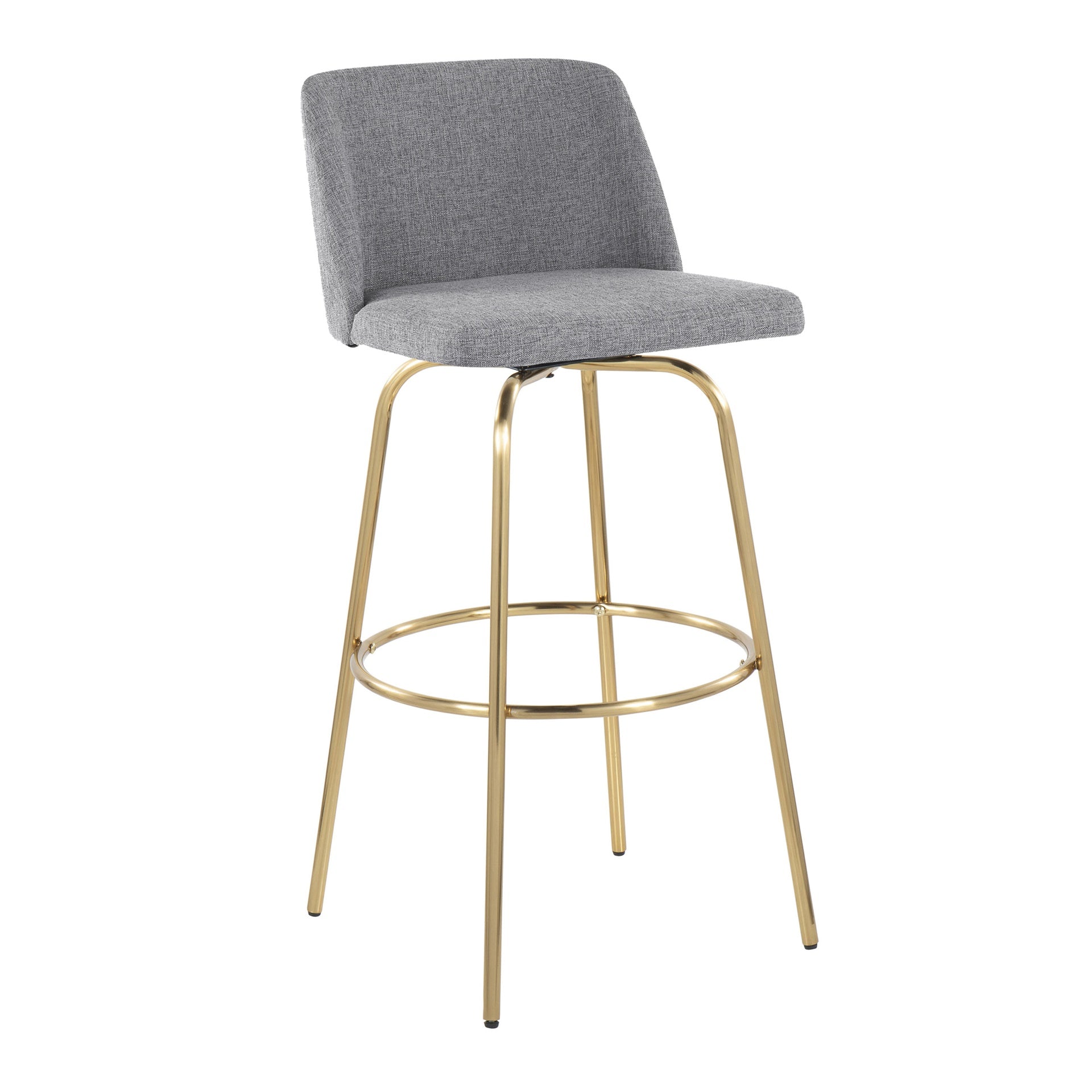 Toriano 30" Contemporary Fixed-Height Barstool with Swivel in Grey Fabric and Gold Metal with Round Footrest by LumiSource - Set of 2