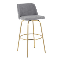 Toriano 30" Contemporary Fixed-Height Barstool with Swivel in Grey Fabric and Gold Metal with Round Footrest by LumiSource - Set of 2