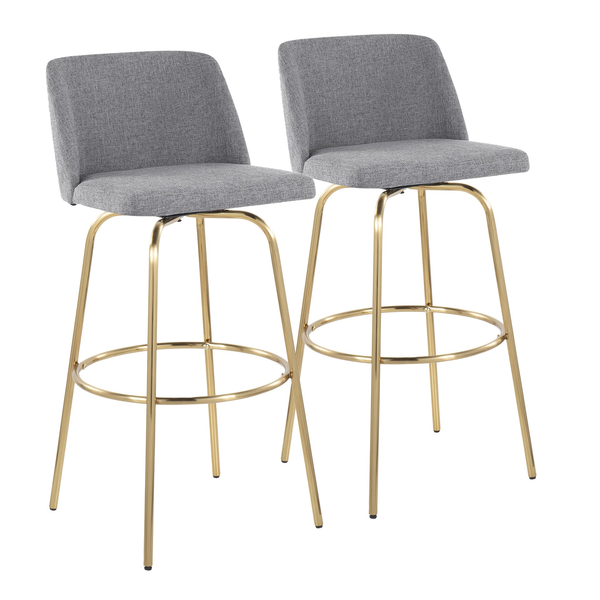 Toriano 30" Contemporary Fixed-Height Barstool with Swivel in Grey Fabric and Gold Metal with Round Footrest by LumiSource - Set of 2
