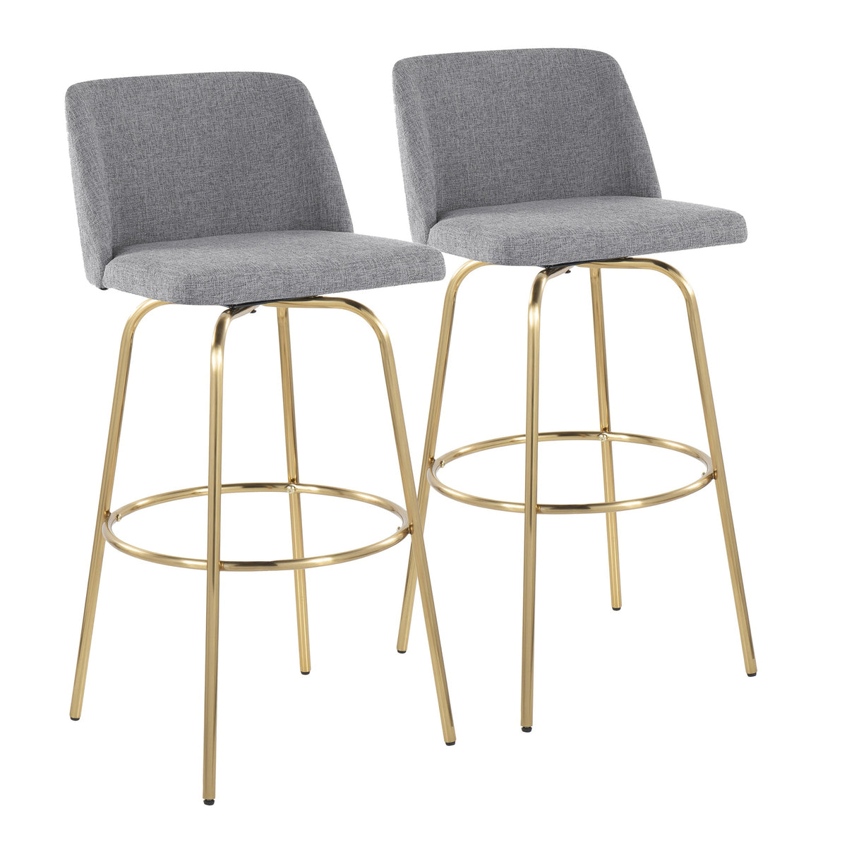 Toriano 30" Contemporary Fixed-Height Barstool with Swivel in Grey Fabric and Gold Metal with Round Footrest by LumiSource - Set of 2