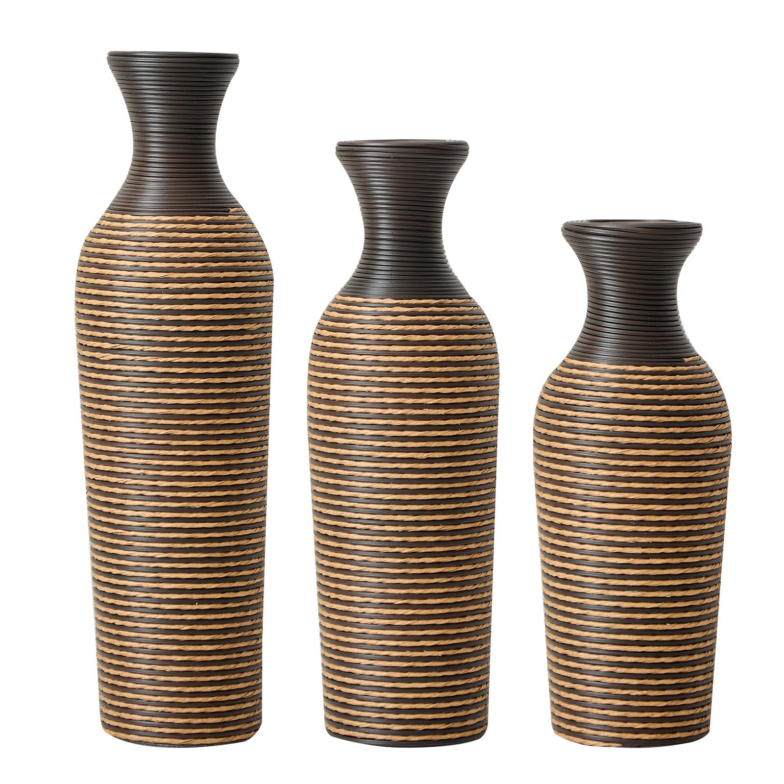 Hand-Woven PVC Rattan Vases, Set of 3 Decorative Floor Vases, 27.56in 23.62in 19.69in Tall Brown Striped Farmhouse Vases for Living Room & Office Decor
