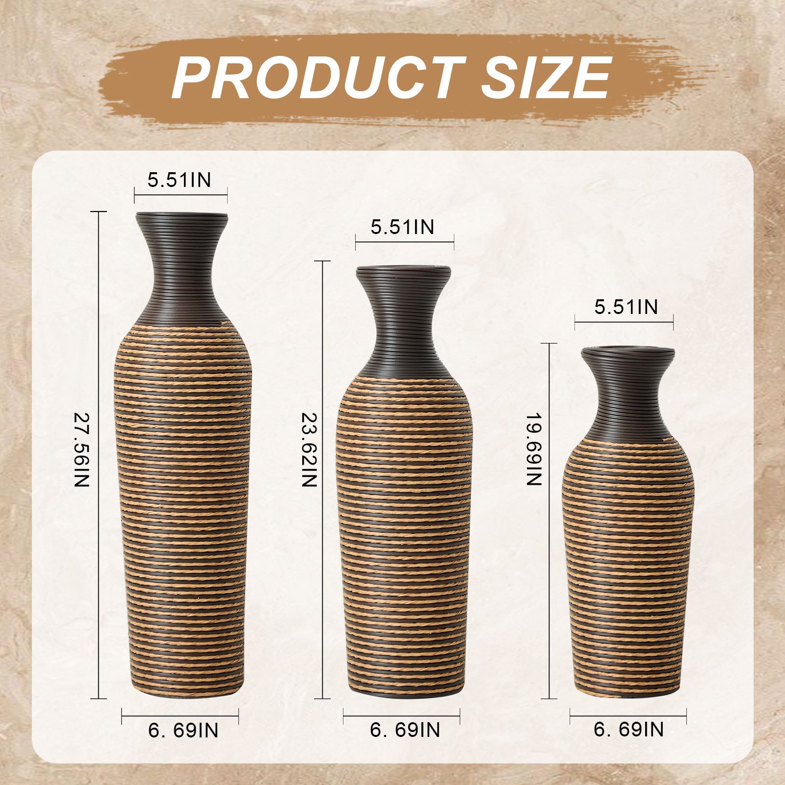 Hand-Woven PVC Rattan Vases, Set of 3 Decorative Floor Vases, 27.56in 23.62in 19.69in Tall Brown Striped Farmhouse Vases for Living Room & Office Decor