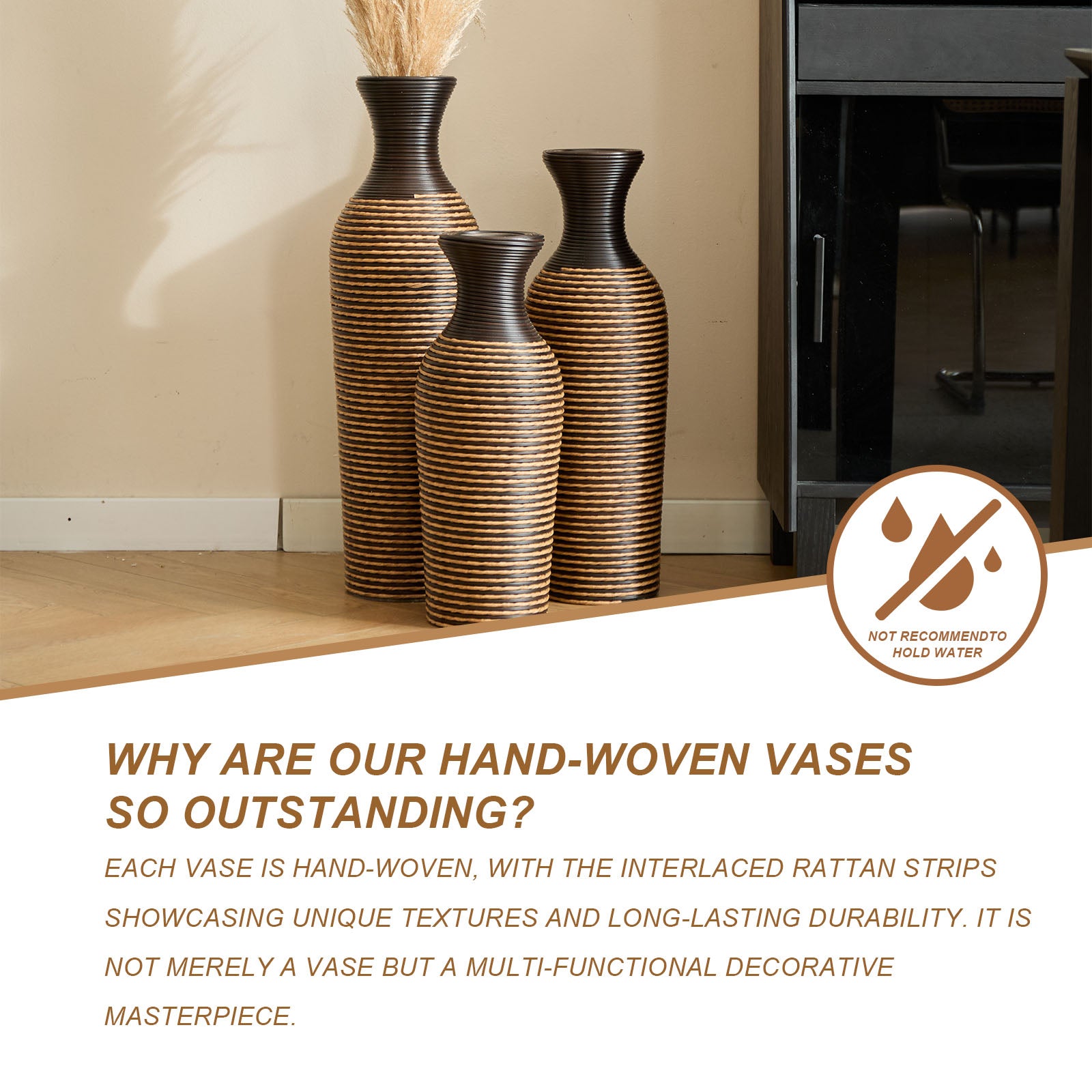 Hand-Woven PVC Rattan Vases, Set of 3 Decorative Floor Vases, 27.56in 23.62in 19.69in Tall Brown Striped Farmhouse Vases for Living Room & Office Decor