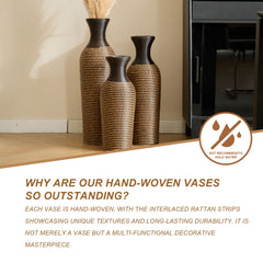 Hand-Woven PVC Rattan Vases, Set of 3 Decorative Floor Vases, 27.56in 23.62in 19.69in Tall Brown Striped Farmhouse Vases for Living Room & Office Decor