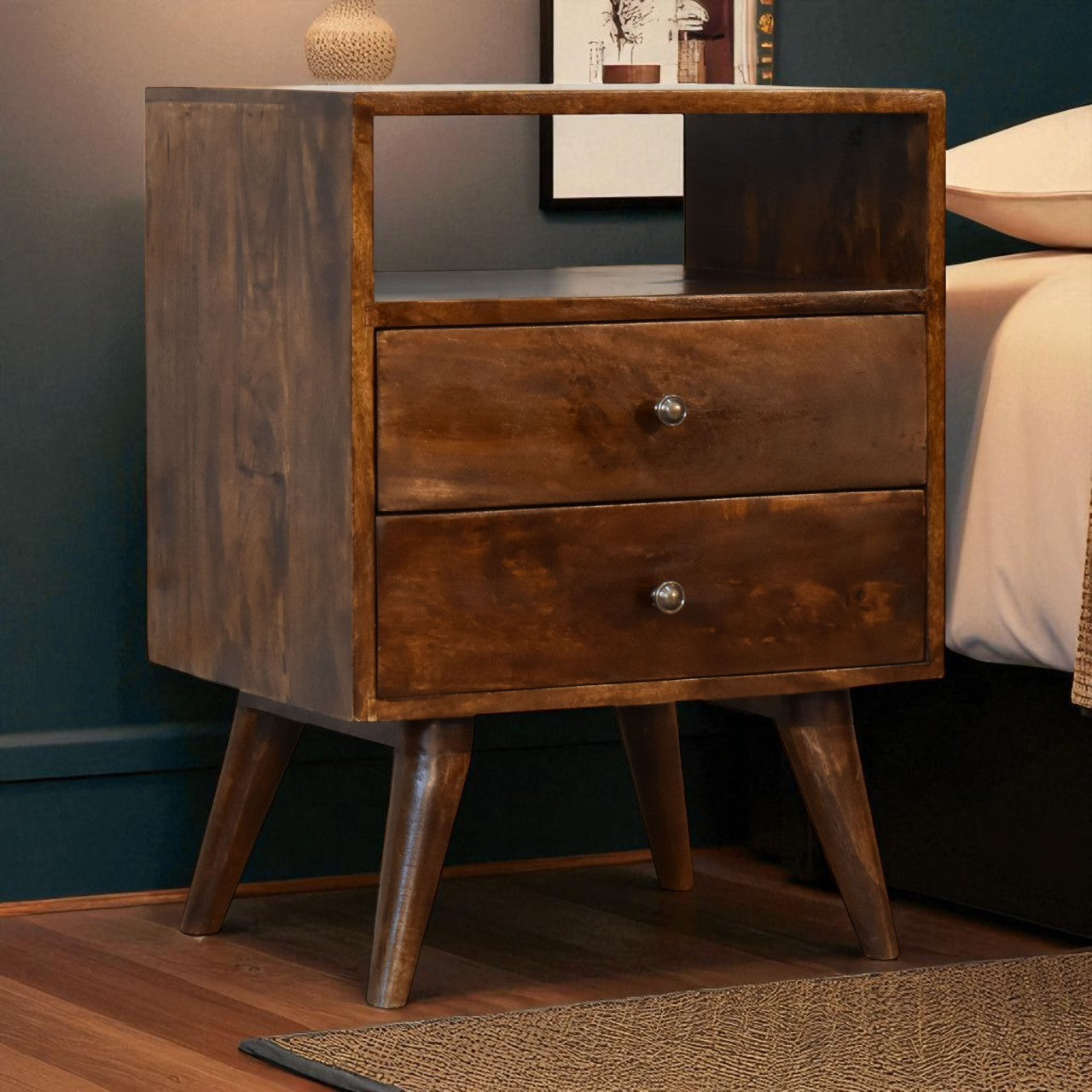 Classic Chestnut Nightstand, 2-Drawers, 1 Open-Slot, Nordic Legs, Dark Brown