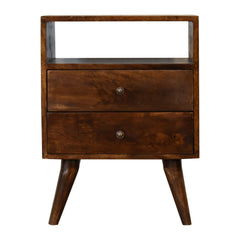 Classic Chestnut Nightstand, 2-Drawers, 1 Open-Slot, Nordic Legs, Dark Brown