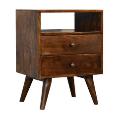 Classic Chestnut Nightstand, 2-Drawers, 1 Open-Slot, Nordic Legs, Dark Brown