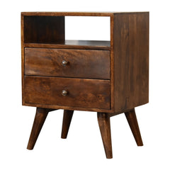 Classic Chestnut Nightstand, 2-Drawers, 1 Open-Slot, Nordic Legs, Dark Brown