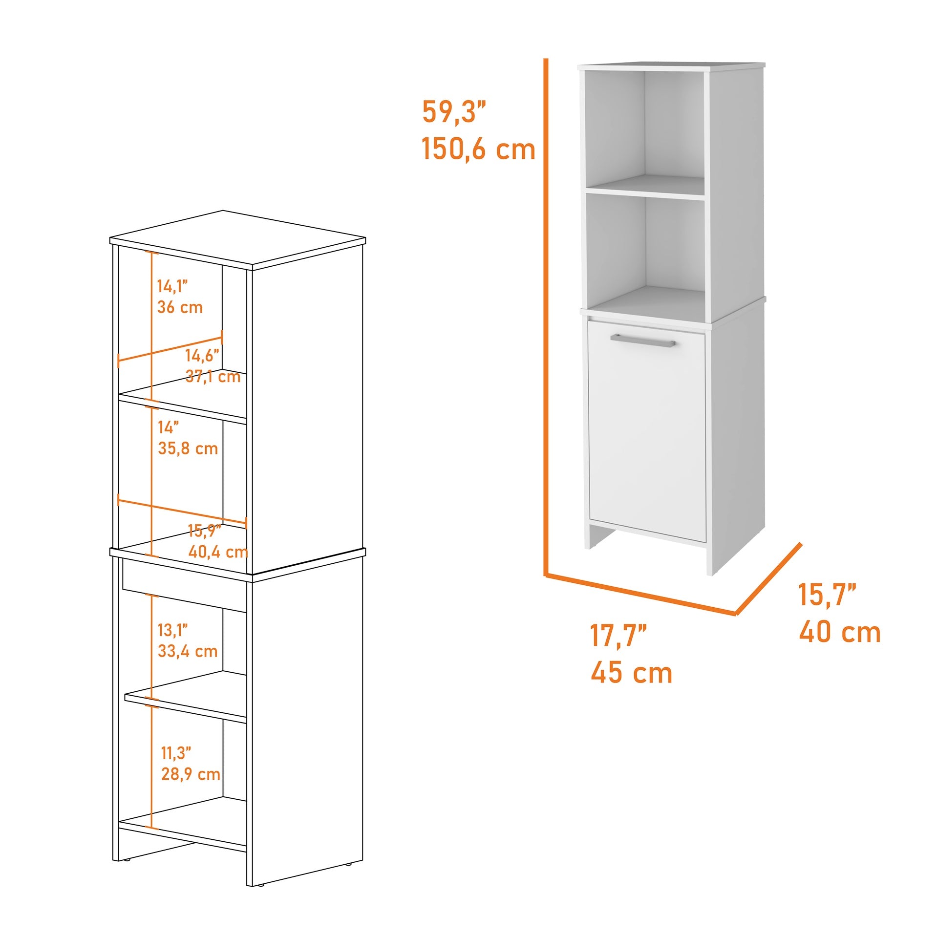 Eiffel Kitchen Pantry, Two External Shelves, Single Door Cabinet, Two Interior Shelves White -White