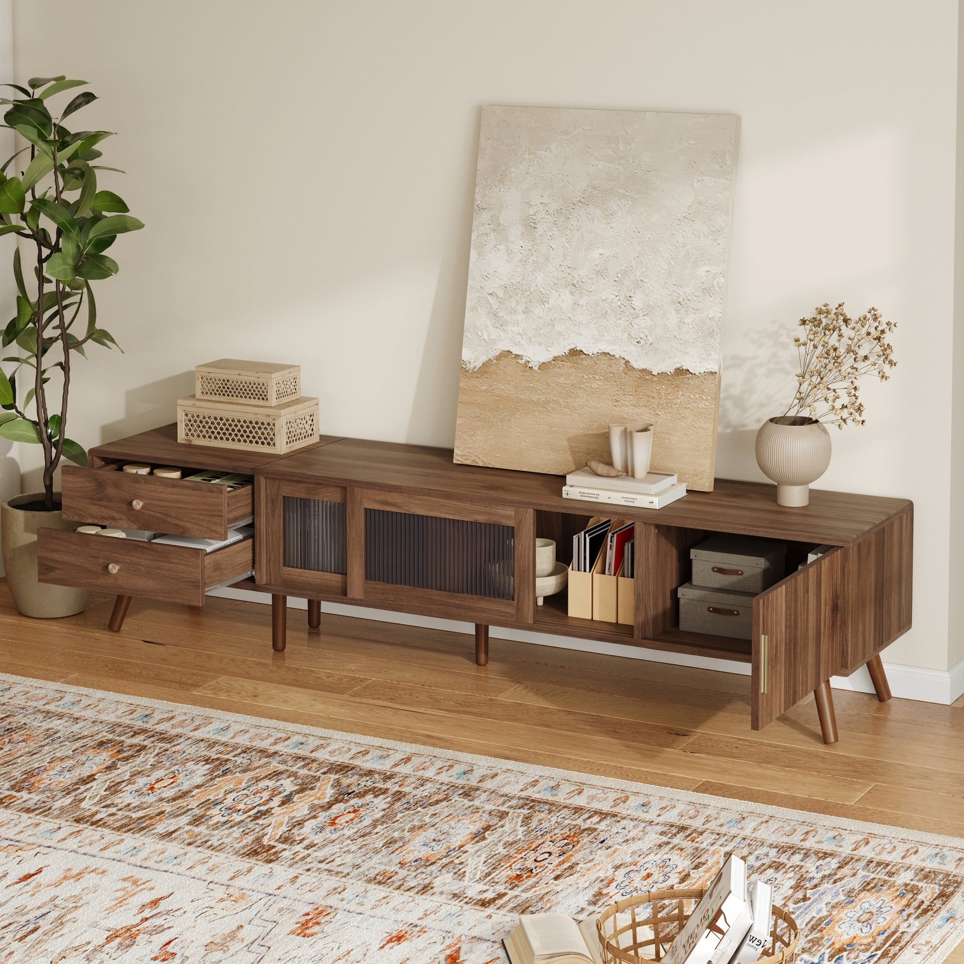 76" Modern Minimal Glass-Doors TV Stand for TVs up to 85 Inches, Wood-Grain Entertainment Center with Storage Cabinets, TV Media Console Table for Living Room, Bedroom