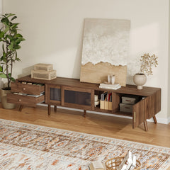 76" Modern Minimal Glass-Doors TV Stand for TVs up to 85 Inches, Wood-Grain Entertainment Center with Storage Cabinets, TV Media Console Table for Living Room, Bedroom
