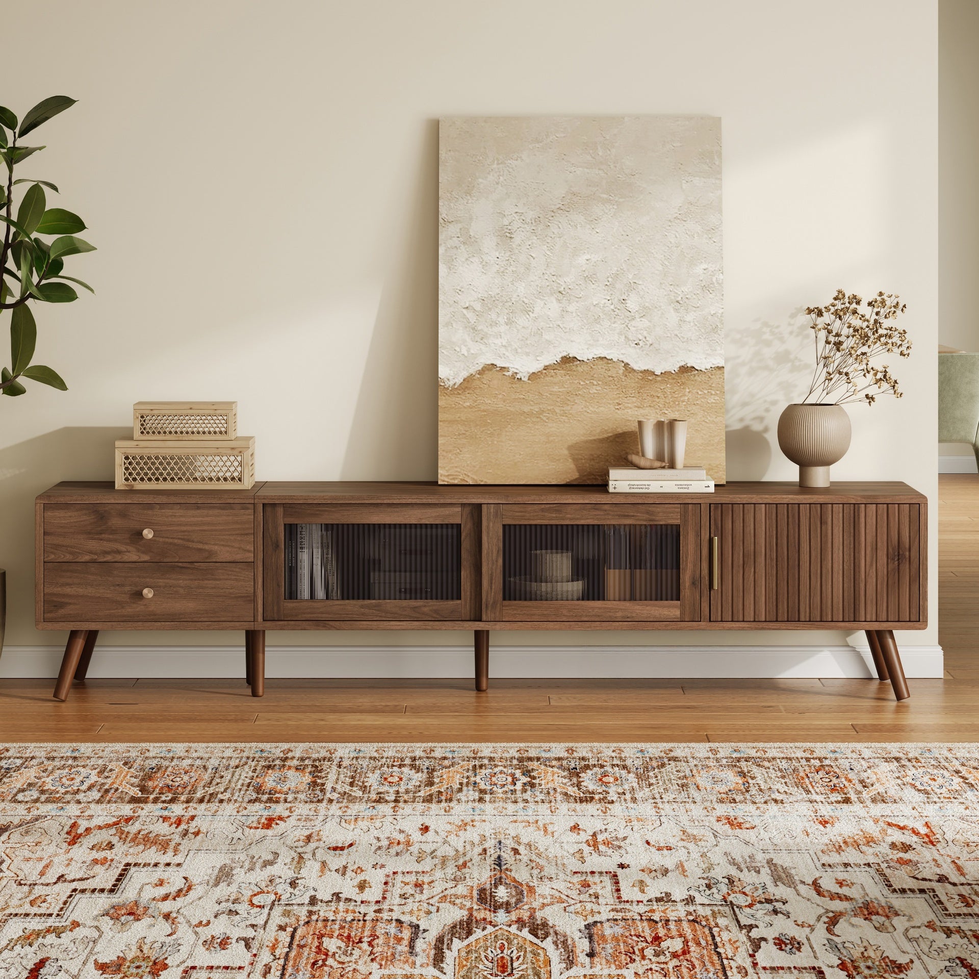 76" Modern Minimal Glass-Doors TV Stand for TVs up to 85 Inches, Wood-Grain Entertainment Center with Storage Cabinets, TV Media Console Table for Living Room, Bedroom