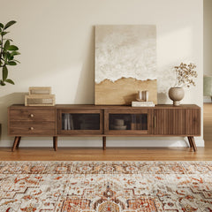 76" Modern Minimal Glass-Doors TV Stand for TVs up to 85 Inches, Wood-Grain Entertainment Center with Storage Cabinets, TV Media Console Table for Living Room, Bedroom