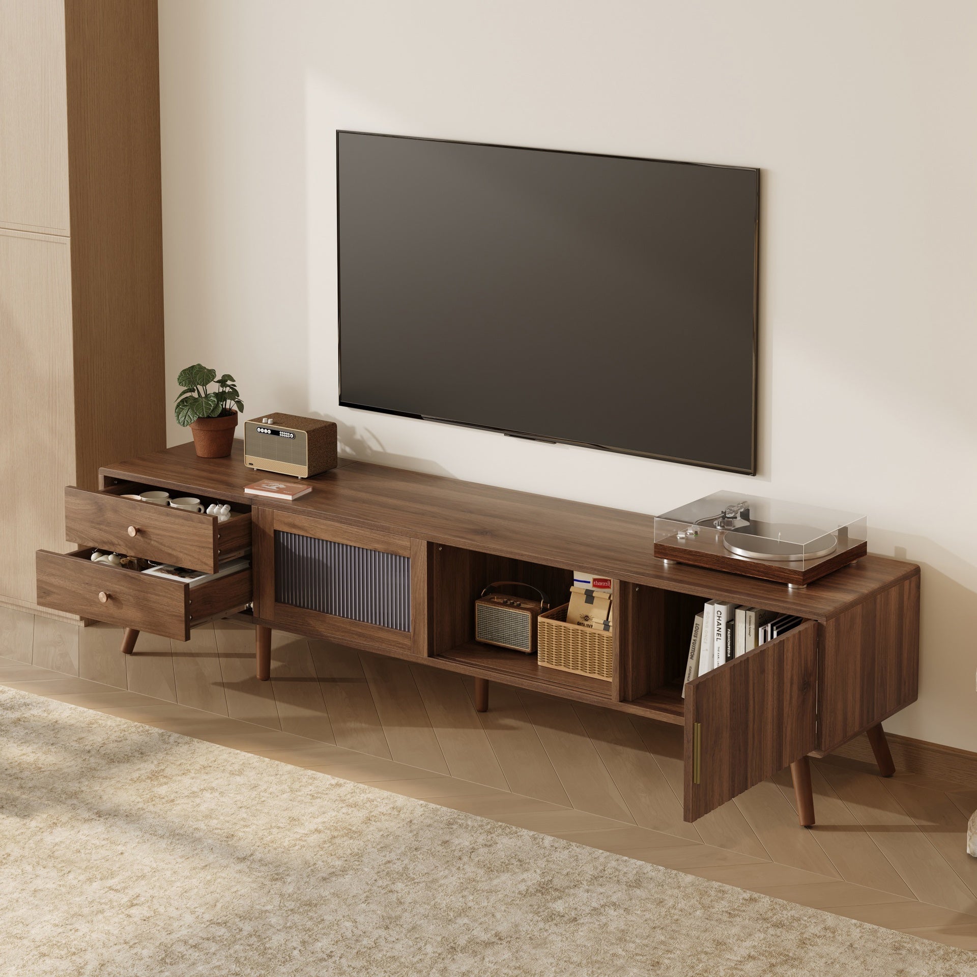 76" Modern Minimal Glass-Doors TV Stand for TVs up to 85 Inches, Wood-Grain Entertainment Center with Storage Cabinets, TV Media Console Table for Living Room, Bedroom