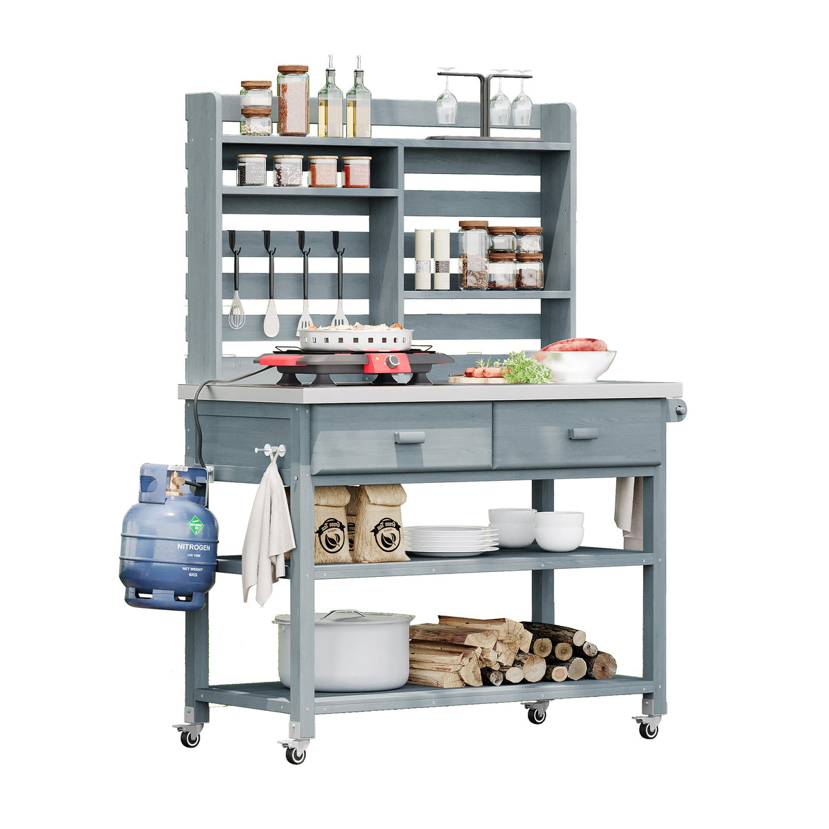 K&K 64.9"H Outdoor Potting Bench Table with Lockable Wheels, Solid Wood Outdoor Kitchen Island with Upper Hutch, Stainless Steel Top, Towel Rack ,Outdoor Storage for Grilling, Lawn Garden -Grey Blue