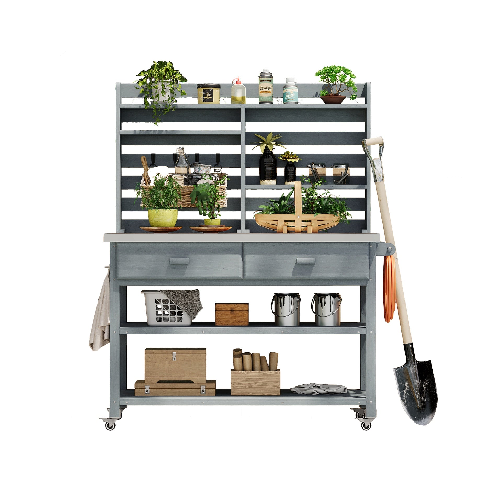 K&K 64.9"H Outdoor Potting Bench Table with Lockable Wheels, Solid Wood Outdoor Kitchen Island with Upper Hutch, Stainless Steel Top, Towel Rack ,Outdoor Storage for Grilling, Lawn Garden -Grey Blue