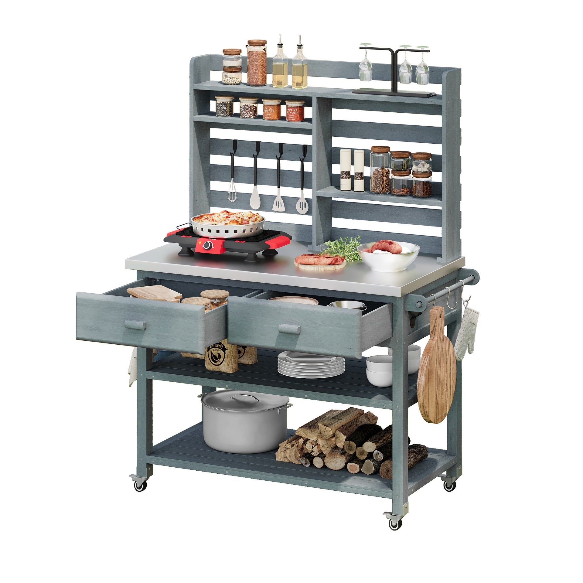 K&K 64.9"H Outdoor Potting Bench Table with Lockable Wheels, Solid Wood Outdoor Kitchen Island with Upper Hutch, Stainless Steel Top, Towel Rack ,Outdoor Storage for Grilling, Lawn Garden -Grey Blue