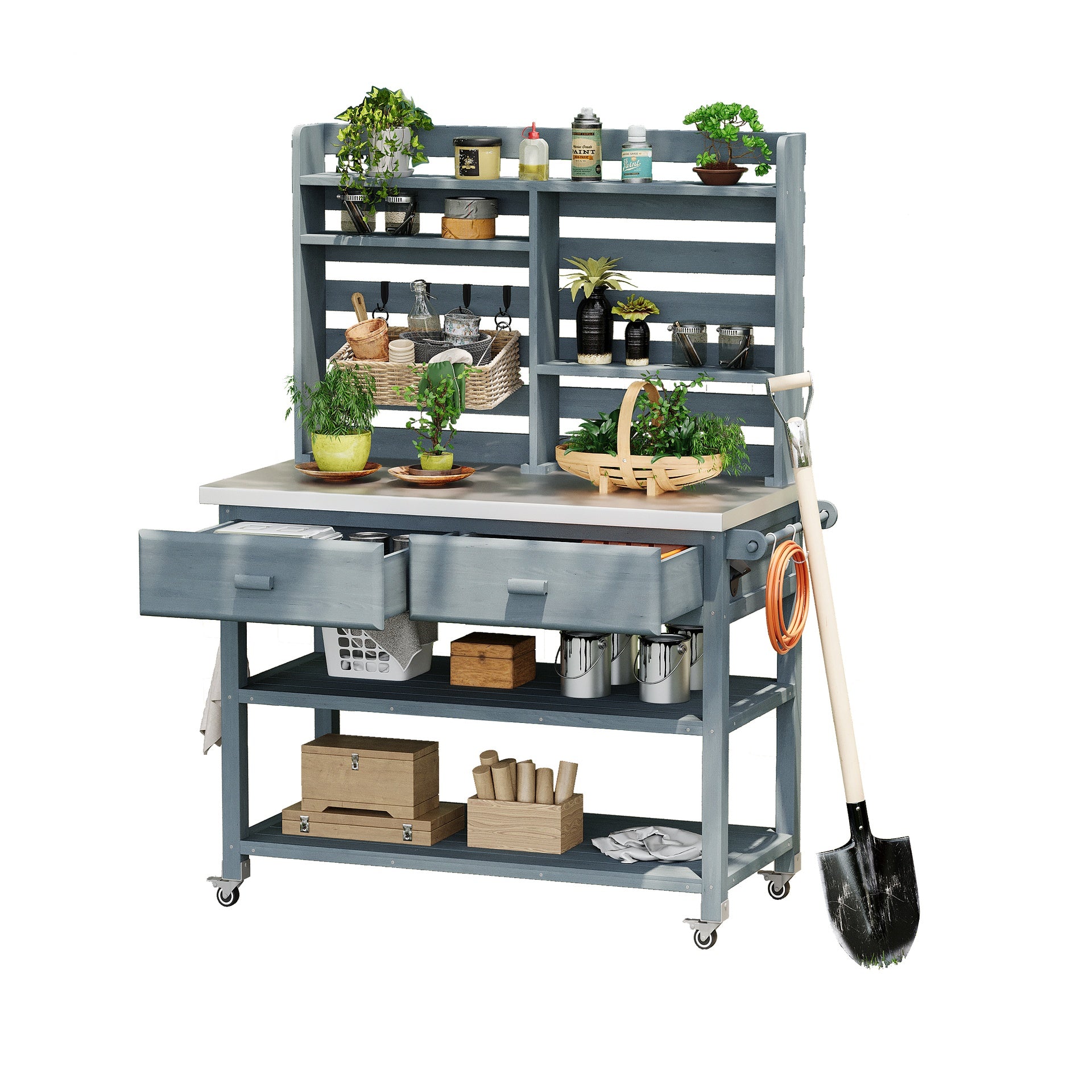 K&K 64.9"H Outdoor Potting Bench Table with Lockable Wheels, Solid Wood Outdoor Kitchen Island with Upper Hutch, Stainless Steel Top, Towel Rack ,Outdoor Storage for Grilling, Lawn Garden -Grey Blue
