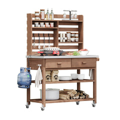 K&K 64.9"H Outdoor Potting Bench Table with Lockable Wheels, Solid Wood Outdoor Kitchen Island with Upper Hutch, Stainless Steel Top, Towel Rack ,Outdoor Storage for Grilling, Lawn Garden -Brown