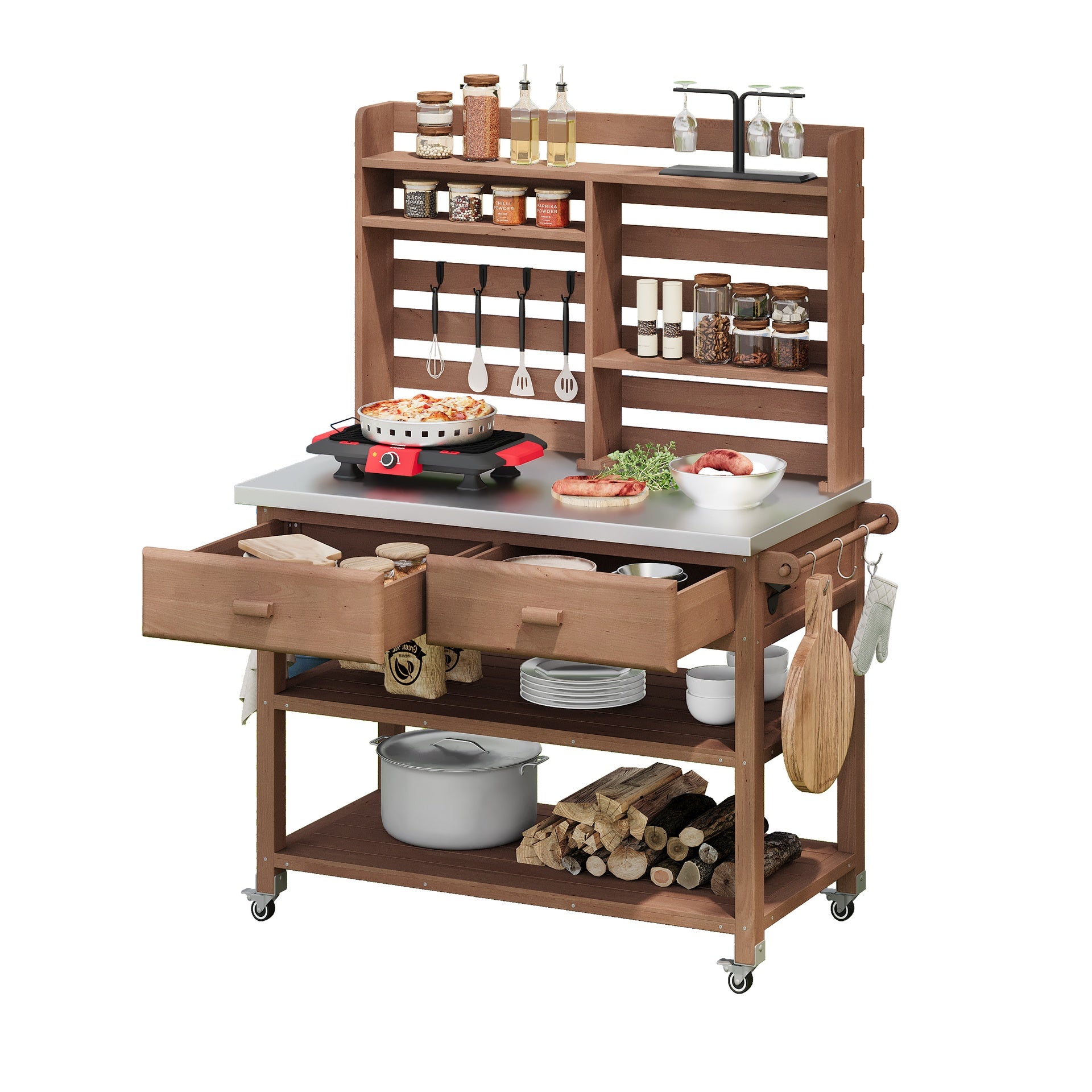 K&K 64.9"H Outdoor Potting Bench Table with Lockable Wheels, Solid Wood Outdoor Kitchen Island with Upper Hutch, Stainless Steel Top, Towel Rack ,Outdoor Storage for Grilling, Lawn Garden -Brown